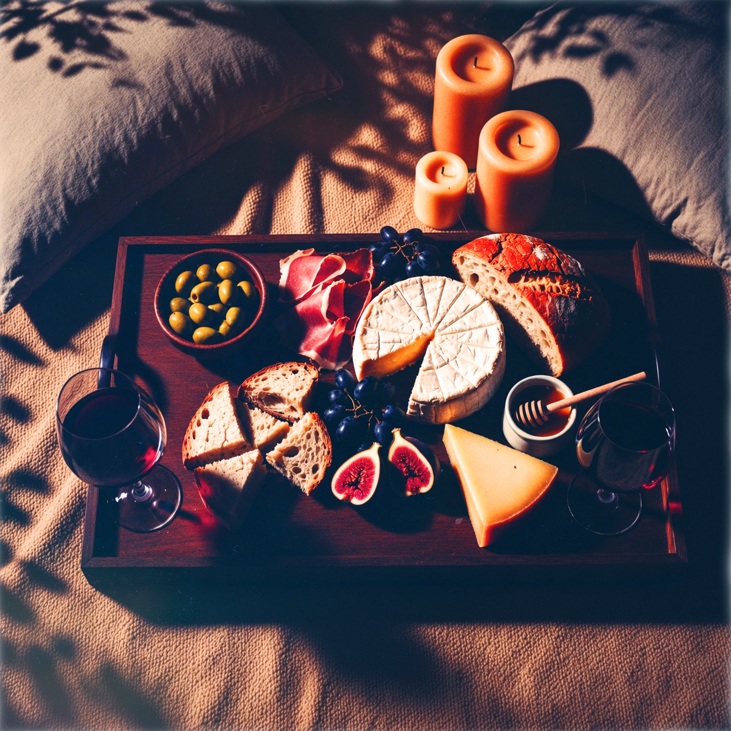 A candlelit floor spread with a grazing board and wine