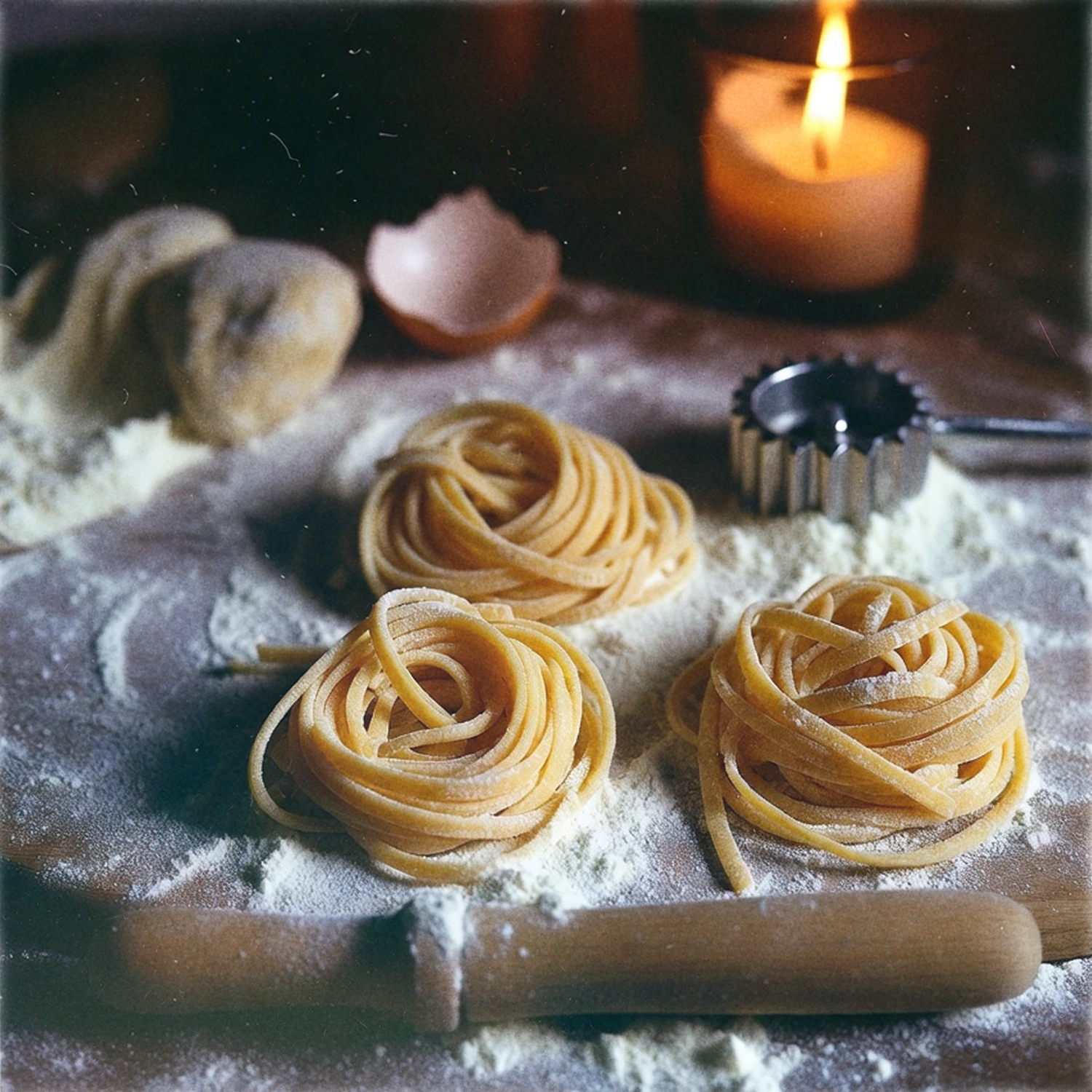 Flour dusted hands making fresh pasta in a candlelit kitchen