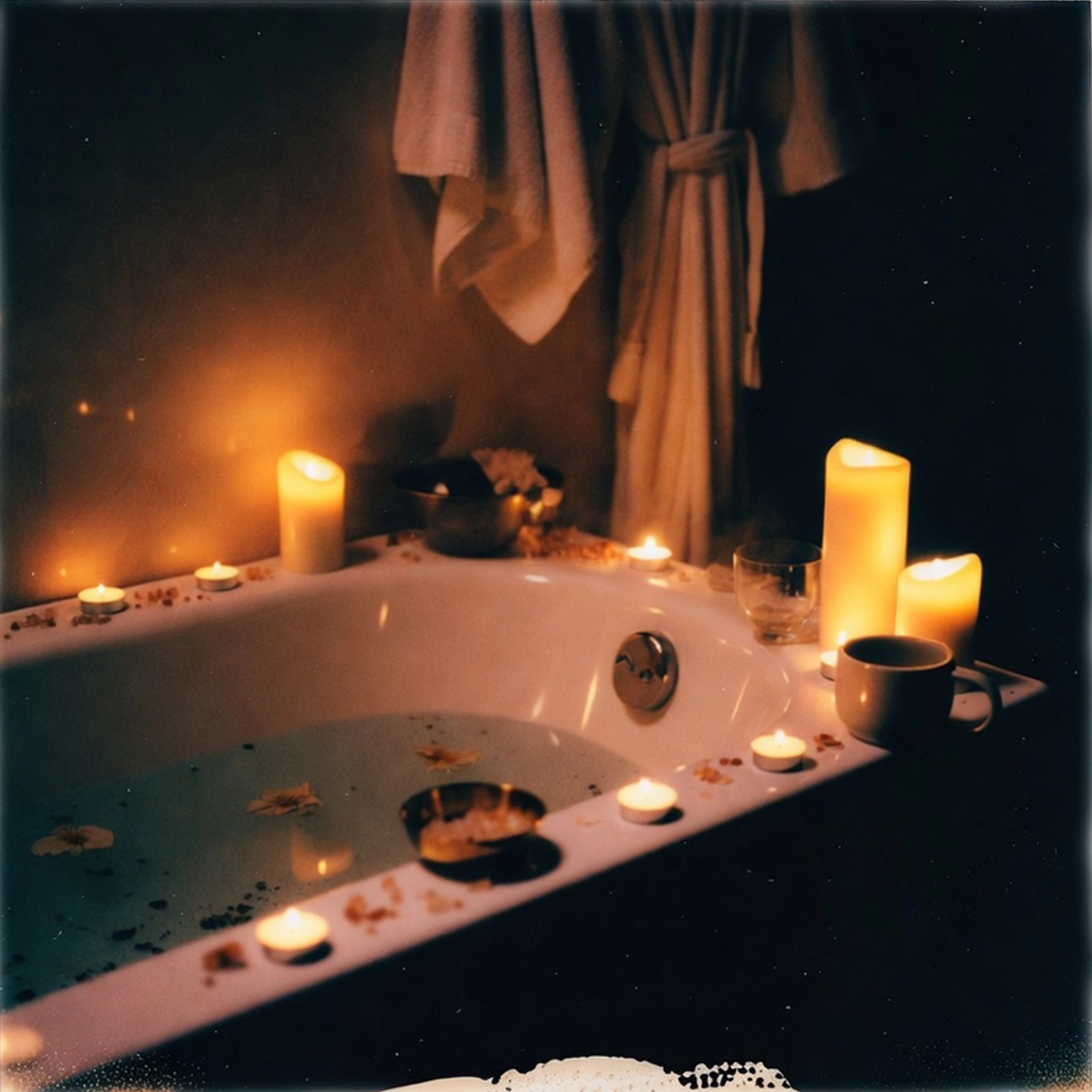 Towels, oils and candles in warm low light