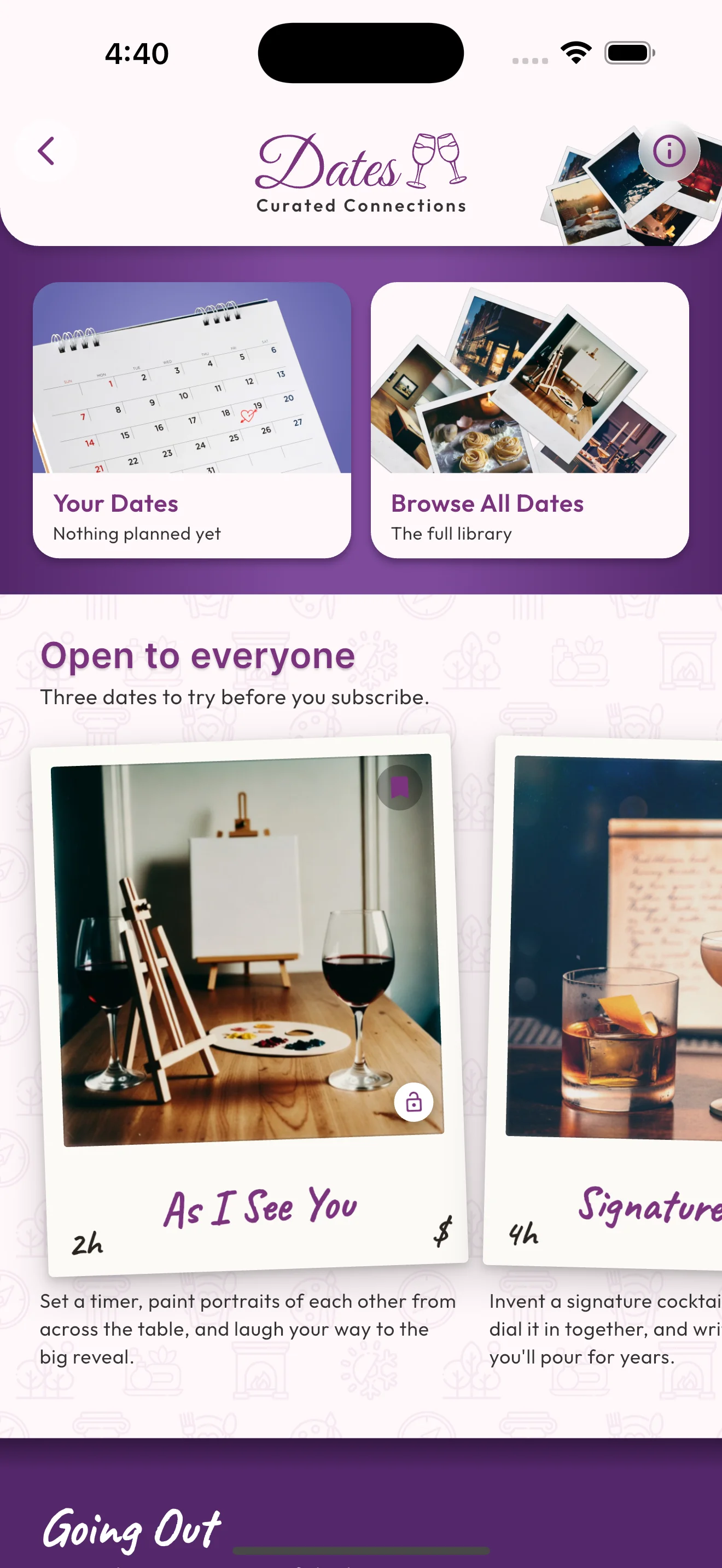 The Veloura app showing a full date page with plan ahead and set the scene sections