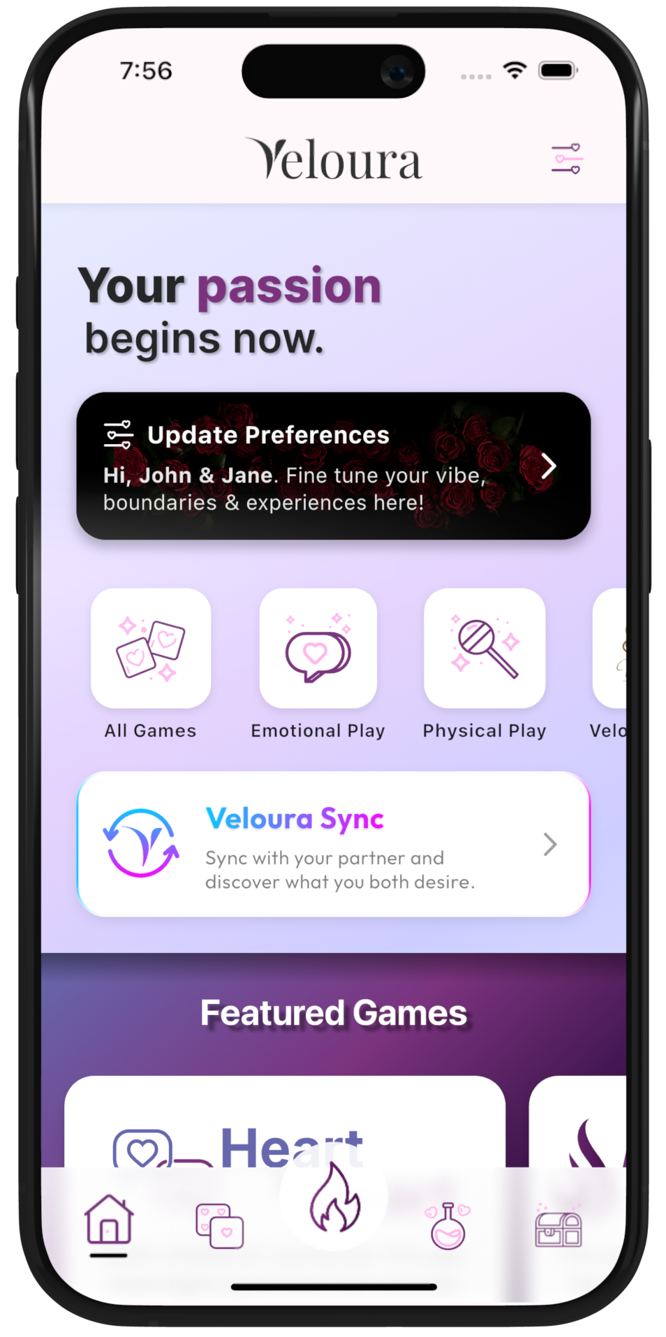 Veloura app home screen