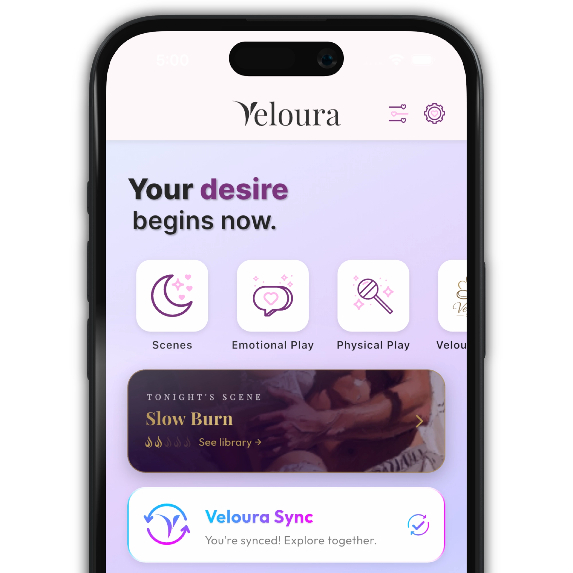 The Veloura app home screen